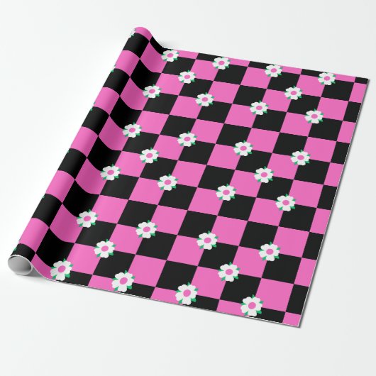 Geruite zwarte roze bloemen cadeaupapier (Uitgerold)