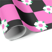 Geruite zwarte roze bloemen cadeaupapier (Rol Hoek)