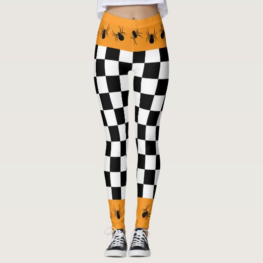 Geruite zwarte witte oranje Halloween spinnen Leggings (Voorkant)