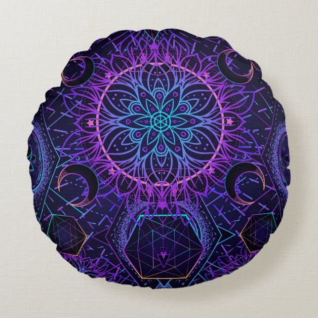 Gesacred Geometry naadloos patroon. Hindu-symbolen Rond Kussen (Voorkant)