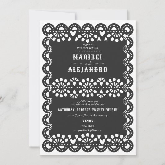 Gescalpeerde Mexico Papel Picado Floral Black Wedd Kaart (Voorkant)