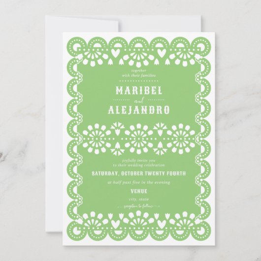 Gescalpeerde Mexico Papel Picado Floral Green Wedd Kaart (Voorkant)