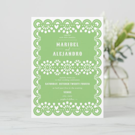 Gescalpeerde Mexico Papel Picado Floral Green Wedd Kaart (Staand voorkant)