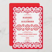 Gescalpeerde Mexico Papel Picado Floral Red Weddin Kaart (Voorkant / Achterkant)