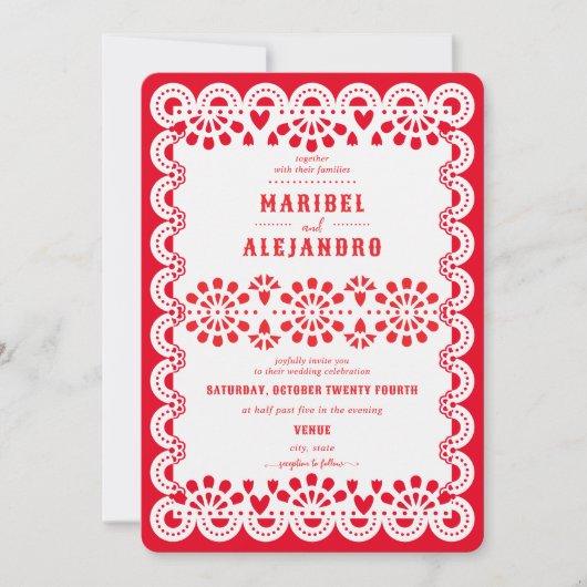 Gescalpeerde Mexico Papel Picado Floral Red Weddin Kaart (Voorkant)