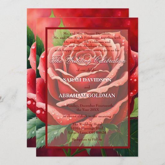 Gescheiden Ouders Rode Rozen Bruiloft Uitnodiginge Kaart (Voorkant / Achterkant)
