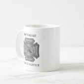 Geschenk voor brandweerman met naam en aantal dien koffiemok (Voorkant links)