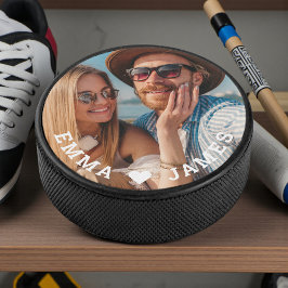 Geschenk voor koppels met foto, liefdeshart en nam hockey puck