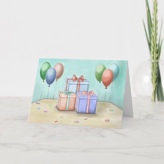 Geschenkdozen met ballonnen feestdagen kaart (Voorkant)