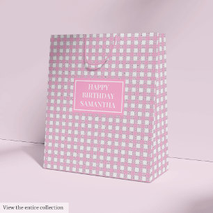 Geschenktas met aangepaste naam Roze Schotse ruit Medium Cadeauzakje