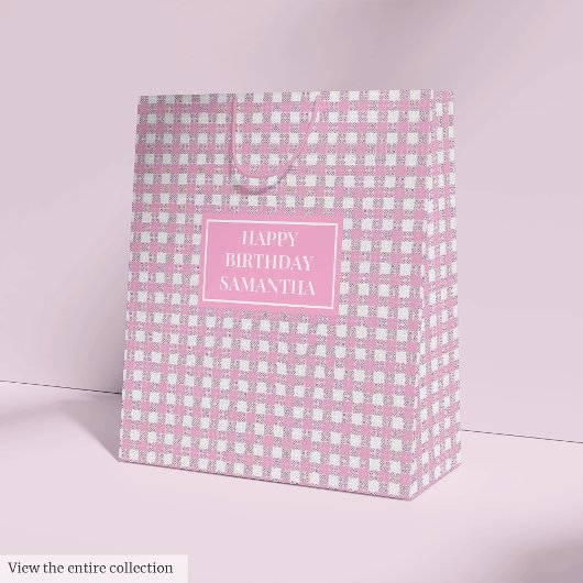 Geschenktas met aangepaste naam Roze Schotse ruit Medium Cadeauzakje