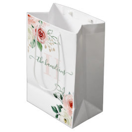 Geschenktas met monogram en waterverf roze roos fo medium cadeauzakje