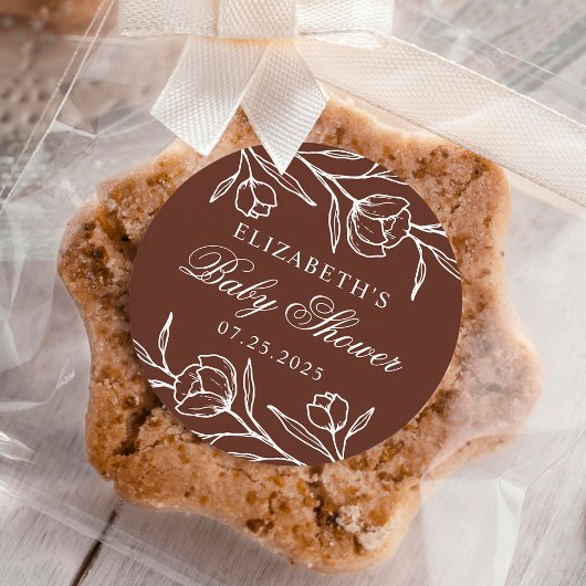 Geschetst Bloemen Bruin Baby shower Ronde Sticker