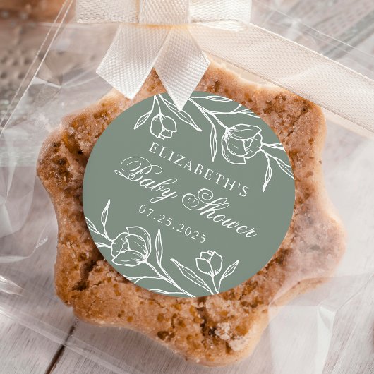 Geschetst Bloemen Salie Groen Baby shower Ronde Sticker