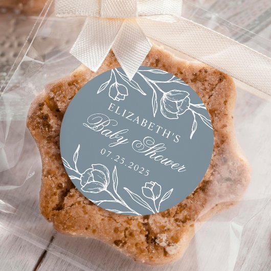 Geschetst Bloemen Stoffig Blauw Baby shower Ronde Sticker