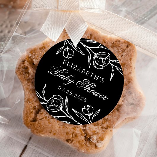Geschetst Bloemen Zwart-wit Baby shower Ronde Sticker