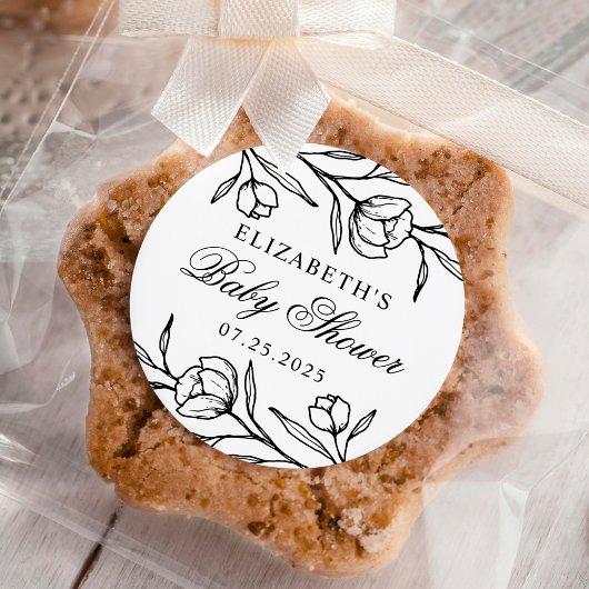 Geschetst Bloemen Zwart-wit Baby shower Ronde Sticker