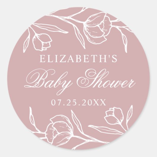 Geschetst Floral Dusty Roos Baby shower Ronde Sticker (Voorkant)
