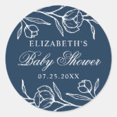 Geschetst Floral Navy Baby shower Ronde Sticker (Voorkant)