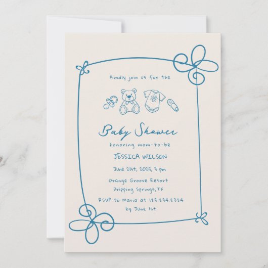 Geschetst Schattige Wavy Bow Lijst Baby shower Kaart (Voorkant)