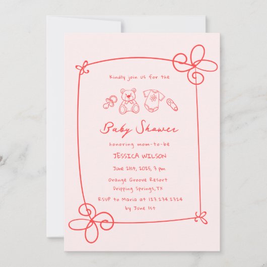 Geschetst Schattige Wavy Bow Lijst Baby shower Kaart (Voorkant)