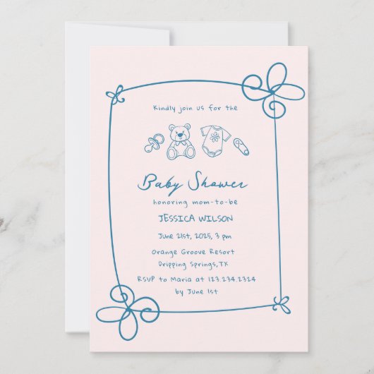 Geschetst Schattige Wavy Bow Lijst Baby shower Kaart (Voorkant)