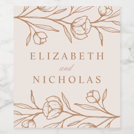 Geschetste amandel en koper bloemenbruiloft wijn etiket (Enkel label)