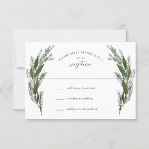 Geschetste bloemen bladeren groen wit bruiloft RSVP kaartje