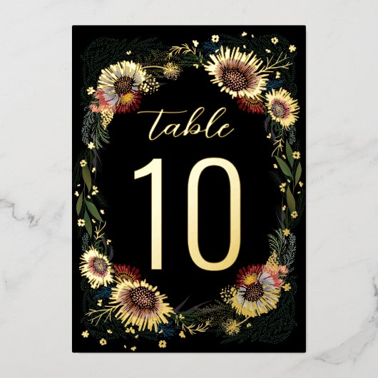 Geschetste Bloemen Boho Zwarte Gouden Folie Tafeln Uitnodiging (Voorkant)