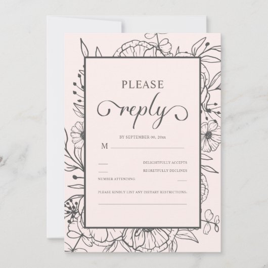 Geschetste Bloemen Chique Roze Bruiloft RSVP (Voorkant)