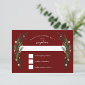 Geschetste Bloemen Groene Bladeren Donkerrood Wijn RSVP Kaartje (Staand voorkant)