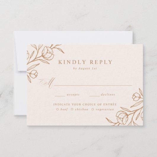 Geschetste Bloemen Koper Maaltijd Keuze Bruiloft RSVP Kaartje (Voorkant)