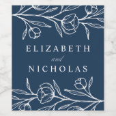 Geschetste Bloemen Navy Bruiloft Wijn Etiket (Enkel label)