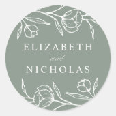 Geschetste Bloemen Sage Groene Bruiloft Ronde Sticker (Voorkant)