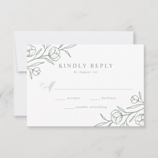 Geschetste Bloemen Sage Groene Bruiloft RSVP Kaartje (Voorkant)