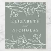 Geschetste Bloemen Sage Groene Bruiloft Wijn Etiket (Enkel label)