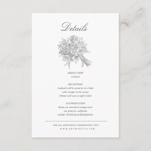 geschetste bloemen trouwdetails informatiekaartje (Voorkant)