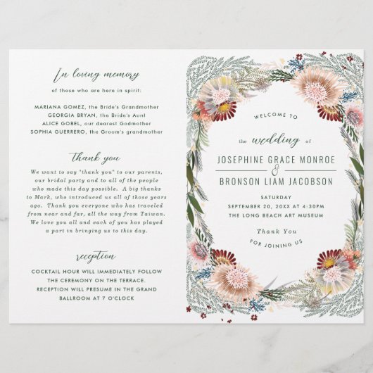 Geschetste bloemen Uniek Boho bruiloft programma (Voorkant)