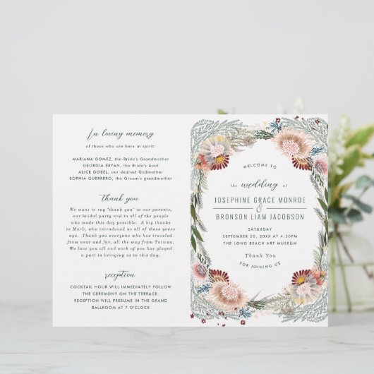 Geschetste bloemen Uniek Boho bruiloft programma (Staand voorkant)