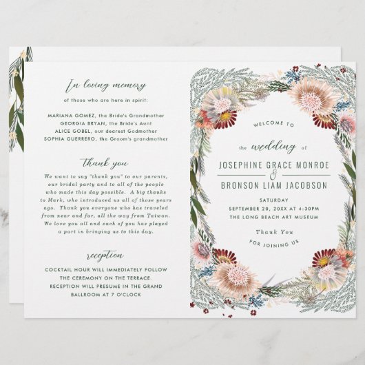 Geschetste bloemen Uniek Boho bruiloft programma (Voorkant / Achterkant)