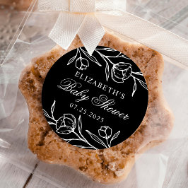 Geschetste bloemen zwart-wit babyfeestje ronde sticker