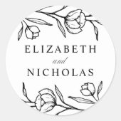 Geschetste Bloemen Zwart-wit bruiloft Ronde Sticker (Voorkant)