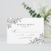Geschetste Bloemen Zwart-wit bruiloft RSVP Kaartje (Staand voorkant)