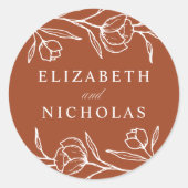 Geschetste bloementerracotta bruiloft ronde sticker (Voorkant)