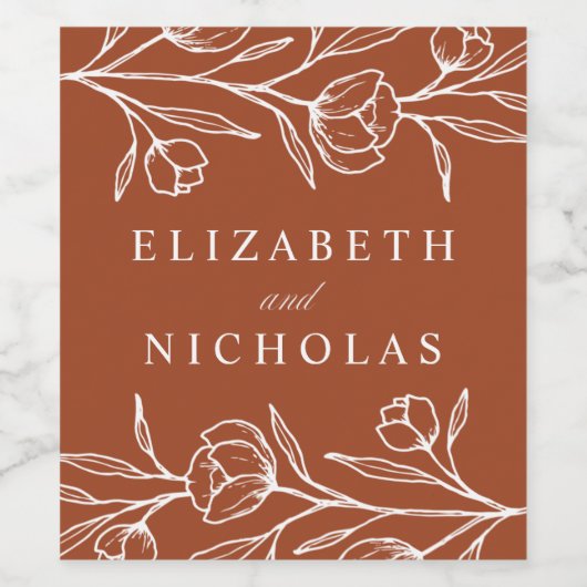 Geschetste bloementerracotta bruiloft wijn etiket (Enkel label)