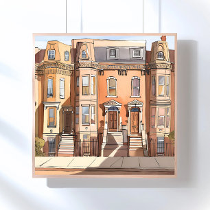 Geschetste bruine stenen Boston Street Schilderi Poster