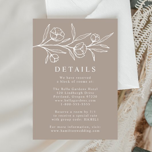 Geschetste Floral Taupe bruiloft details Informatiekaartje