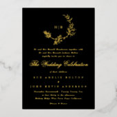 Geschetste Gouden Bloemen Krans Monogram Onyx Brui Folie Uitnodiging (Voorkant)