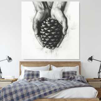 Geschetste handen met pijnappel canvas afdruk