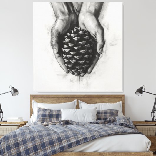 Geschetste handen met pijnappel canvas afdruk (Insitu (Slaapkamer))